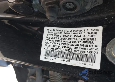 2016 Honda Civic Ex from USA, damaged, VIN 19XFC2F77GE056438